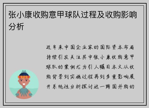 张小康收购意甲球队过程及收购影响分析